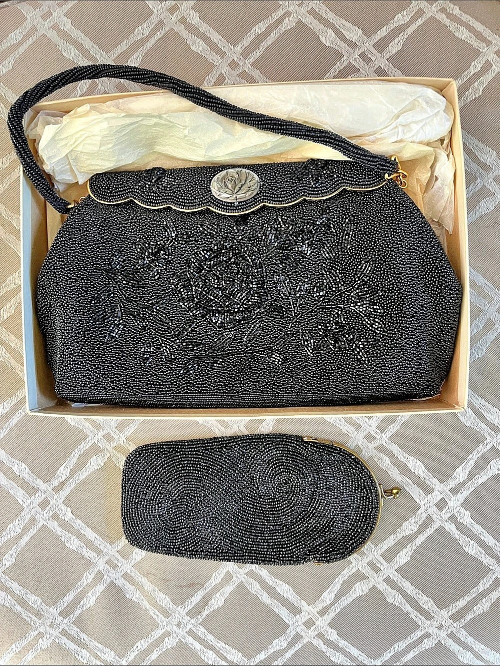 Vintage Josef Black Beaded Evening Bag in Black Like New